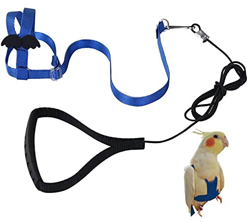 Verstellbares Geschirr für Papageien Vogel Geschirr Leine für draußen zum Trainieren von Fliegen Leine gegen Beißen elastisches Band für Vögel Papageien Kakadus Aras (blau, S)
