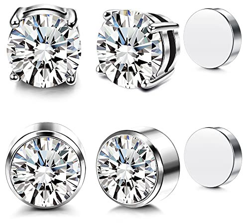 JeweBella 2 Pairs 6-8mm Magnetic Clip On Stud Earrings Non Piercing Stainless Steel Zircon Earrings for Men Women Round Stud Hypoallergenic Earrings Jewellery