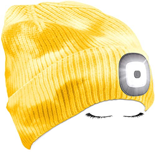 Morye LED Mütze mit Licht, Laufmütze Herren Damen Kappe Lampe USB Nachladbare 4 LED Scheinwerferkappe für Warm Cap mit LED Licht für Jogging,Camping,Angeln,Walking/Tie Dye Gelb