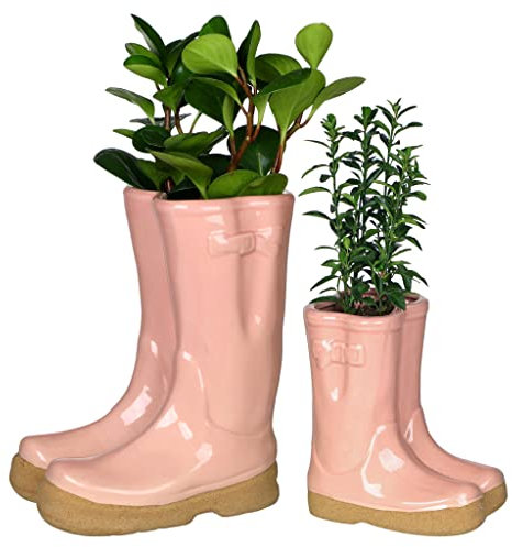 Dibor Set of 2 Flower Pot Planters - Small & Large Wellington Boot Plant Pot Gift Set (Pink)