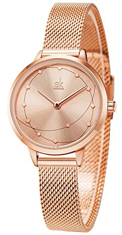 SHENGKE Montre minimaliste pour femme avec bracelet en cuir ultra fin et étanche, K0142-Or rose