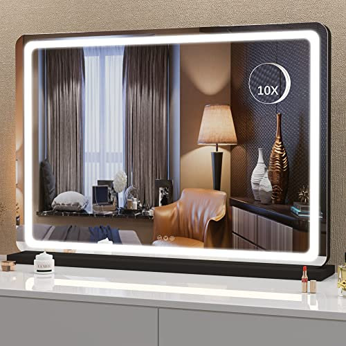 Hasipu Kosmetikspiegel mit Lichtern, 80 x 55cm LED-Make-up-Spiegel, beleuchteter Make-up-Spiegel mit dimmbaren 3 Modi, Touchscreen-Steuerung, Schminkspiegel, Rund Schwarz