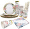 Floral Party Tableware for Girls 80 Pcs Disposable Party Dinnerware Set Including Flower Plates Cups Napkins Straws Ideal for Afternoon Tea Party Birthday Baby Shower Wedding Anniversary(20 Guests)