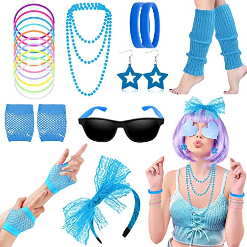 Accessoires de Mode des Années 80, Néon Costumes de Fête pour Femme, Lunettes de Soleil, Bracelet, Gants en Dentelle, Noeud Papillon, Collier à Jambes Chaudes, Boucles D'oreilles(Bleu)