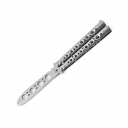 Norhogo Coltello da Allenamento a Farfalla con Lama Smussata, Pieghevole Allenatore, lama in acciaio pieno non affilata 100% sicuro, per allenamento, Delle Abilità, argento