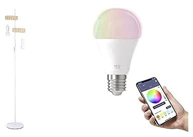 EGLO Stehlampe Townshend, Vintage Stehleuchte im Industrial Design inkl. 2 E27 Smart Home connect.z RGB Leuchtmittel, dimmbare Standleuchte aus Stahl und Holz, Weiß, braun, inkl. Schalter