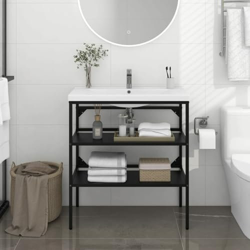 Tidyard Structure pour lavabo de salle de bain, meuble de salle de bain, étagère sous lavabo, étagère pour lavabo noir 79 x 38 x 83 cm en fer
