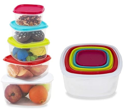 VIRSUS Set 5 Contenitori per Alimenti Quadrati 1859, Impilabili con Coperchi Colorati, Senza BPA, chiusura ermetica, Adatti per Lavastoviglie, Congelatore, Microonde