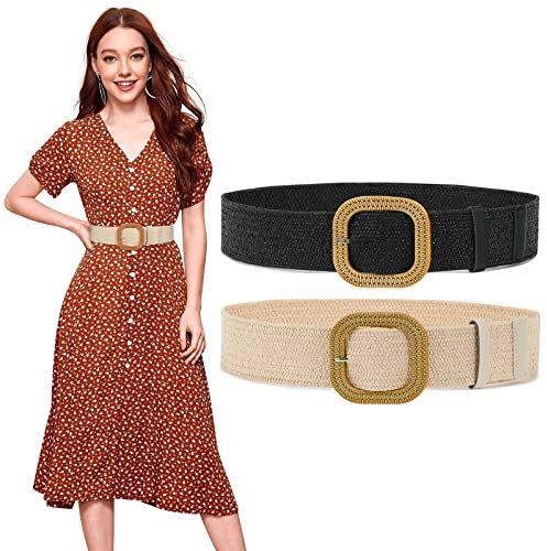 SUOSDEY 2 Stück Stroh gewebter elastischer Stretch-Taillengürtel für Frauen Sommer Boho Wide Waist Dress Band Geflochtene Gürtel, Schwarz+Beige