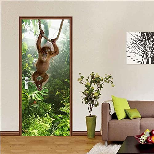 Porte 3D Murale Autocollant De Porte Poster Papier Peint Art Mural Photo Autocollant Mural Singe Animal De La Jungle 90 X 200 Cm Décoration De Porte Amovible En Pvc Pour Salon Chambre Salle De Bain C