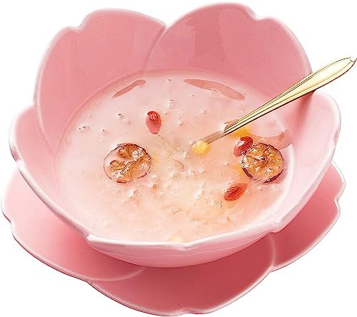 KKGUD Joli bol de service en céramique de 15,2 cm avec soucoupe et cuillère, bol en forme de fleur de cerisier 473,6 g (rose)
