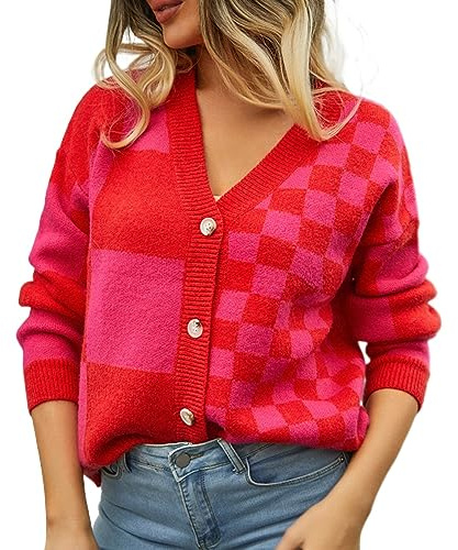 Womens Color Block Plaid Button Down Cardigan Long Sleeve Cable Knit Checkered Sweaters Tops Y2k Aesthetic Clothes