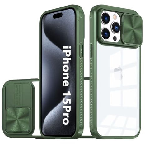 LIUKM Coque Compatible avec iPhone 15 Pro, Cache Camera Protection, Étui avec Cache Caméra Coulissante, composé d'un Dos en PC et d'un Cadre en TPU - Vert foncé