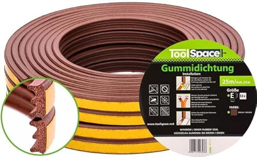 ToolSpace Türdichtung Selbstklebend Dichtungsband Dichtungsgummi Door Sealing Strip E Profil Braun Gummidichtung für Fenster & Türen 25M Fensterdichtung Anti-Kollision Gummi Schaum Schaumstoffband