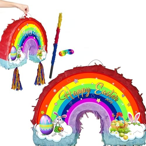Schöne Osterpinata Regenbogen mit Stab