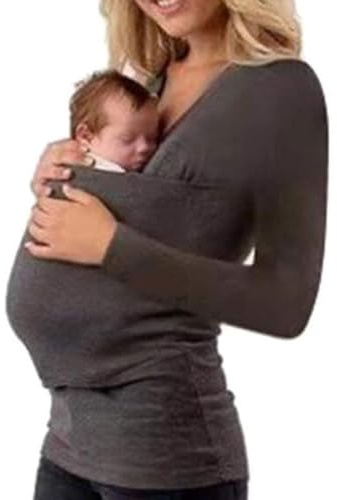 Damen Babytrage Känguru-Mutter Neugeborene T-Shirt Baumwolle Stretchy Front Pouch Unterwäsche (Color : Greay, Size : L(large))