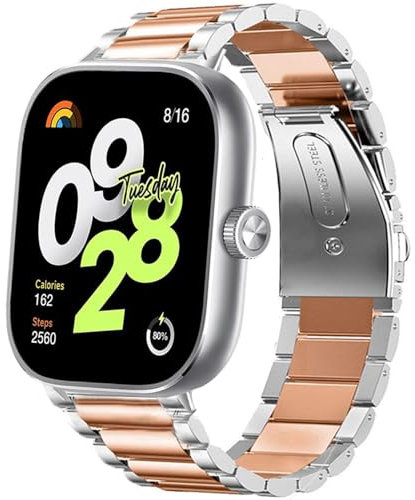 Blueshaweu Compatible for Xiaomi Redmi Watch 4 Smartwatch Band, Quick Release Stainless Steel Metal Replacement Straps Compatible with Xiaomi Redmi Watch 4 Smartwatch (Silver-Rose)