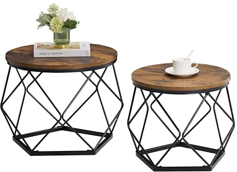 Vida Designs Brooklyn Runde Couchtische, 2er Set Beistelltische, moderner Stahlrahmen, Nesting Wohnzimmermöbel (Dunkles Holz)
