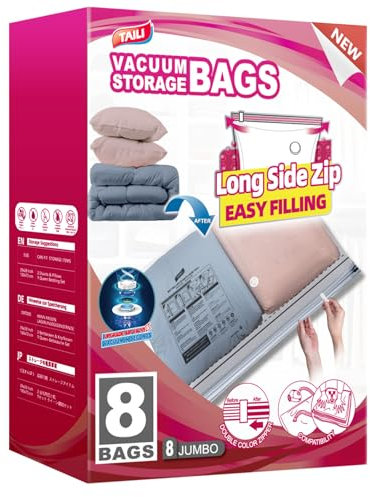 TAILI Vacuum Storage Bags With Long Side Zip 8 Pack 100 x 70 CM Extra Large Vacuum Bags for Clothes, Duvets, Bedding, Travel Reusable Compression Zipper Storage Space Saver