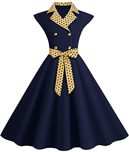 Abendkleid Damen Lang Sexy Outfit Für Damen Damenkleider Elegant Dress 50Er Jahre Rockabilly Kleider Retro Gepunkte Revers Kappenärmel A-Line Swing Petticoat Mit Gürtel Cottagecore Dress (Marine, Xxl)