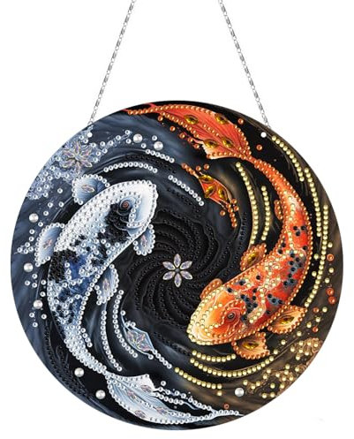 CXINLky DIY Diamond Painting Anhänger mit Kette, Diamant Painting Fensterbilder, 5D Diamond Malerei Türkranz Wandbehang Kits für Fenster Wand Eingang Garten Decor-18-Doppelter Fisch