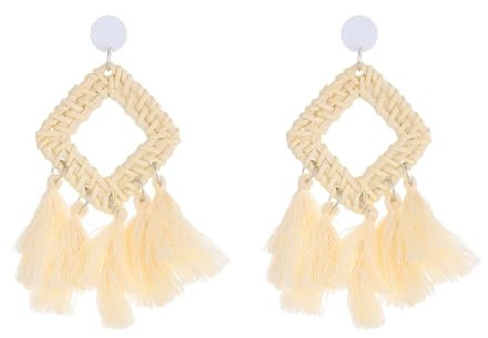 fdsmall Rattan Ohrringe Quaste Ohrringe Leichte Geometrische Gewebte Böhmische Ohrringe Erklärung Handgemachte Stroh Wicker Braid Hoop Drop Dangle Ohrringe für Frauen Mädchen (03)