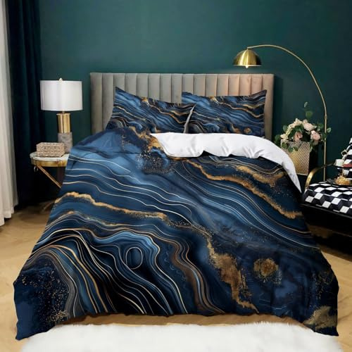 Luxury Marble Duvet Cover Set with Navy Blue & Gold Abstract Design, Super Soft Brushed Microfiber Bedding with Hidden Zipper Closure, Easy-Care, Non-Iron (Single - 135x200 cm, 2 Pillowcase Included)