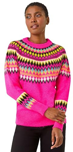 Roman Fairisle Jumper for Women UK Ladies Stretchy Winter Autumn Sweater Casual Knit Knitwear Knitted Pullover Comfy Soft Thick Lightweight Dinner Party Office Work - Magenta - Size 14