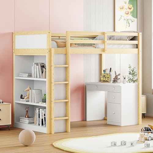 FEZTOY Hochbett mit Schreibtisch und Schrank, Kinderbett 90x200 cm - Tisch mit 4 Stauraum, Etagenbett, Kinder Bett mit Lattenrost, Natur,ohne Matratze
