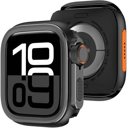 Amizee 2 en 1 Funda Compatible con Apple Watch Series 10 46mm, PC Dura Anti-Raspado Metál Marco Cobertura Carcasa para iWatch 46mm, Negro