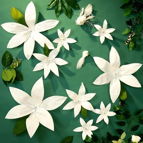EASY JOY 9Pcs White Large Paper Flower Decorations for Wall Artificial 3D Flower Backdrop Giant Crepe Tissue Paper Flowers Leaves for Spring Garden Tea Party Wedding Bridal Nursery Wall Decor