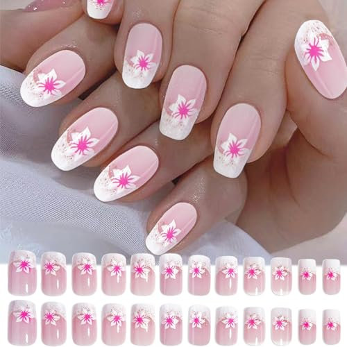 WhaleO 24 Stück Press On Nails, Nägel zum Aufkleben Nails zum Aufkleben Fingernägel zum Aufkleben Selbstklebende Nägel Mit Nagel Klebepads fürFrauen Mädchen -Rosa Blumen