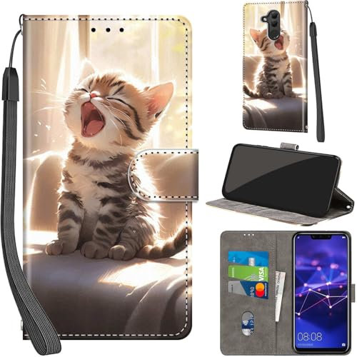 Handyhülle für Huawei Mate 20 lite Hüllen Premium Leder Case Klappbar Wallet Magnet Kartenfach Standfunktion Schutzhülle kompatibel mit Huawei Mate 20 lite Cover,Katze