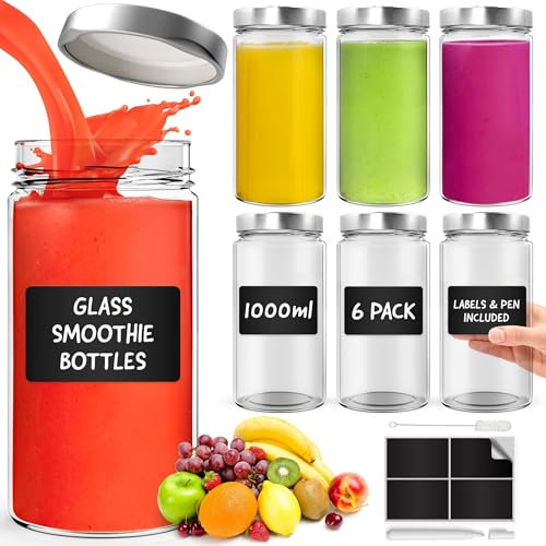 Glass Mason Jars with Lids 1000ml - 6 Pack, Leakproof Glass Bottles with Lids for Airtight Seal, Drinking Bottle Ideal for Smoothies, Milkshakes, Sauces, Food Storage, Juices, Beverages, Infused Water