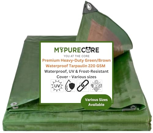 MYPURECORE Heavy-Duty Tarpaulin 220 GSM – Waterproof, Dual-Colour Green/Brown, Reinforced Eyelets Every 50cm, Ideal for Camping, Garden, Greenhouse, Outdoor Furniture, Trailers & Sheds (8m x 12m)