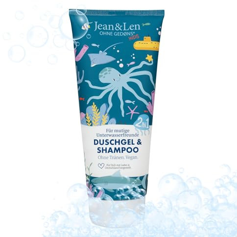 Jean & Len 2in1 gel douche & shampooing pour les enfants, sans larmes, formule extra douce, spécialement pour la peau & les cheveux délicats des enfants, vegan, sans parabènes & silicones, 200 ml