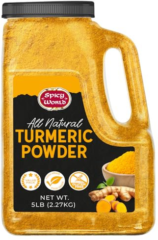 Spicy World Turmeric Powder 5 LB Jar – Gluten Free, Bulk Turmeric with Curcumin, Ground Haldi Spice for Cooking, Pure Curcuma Longa, Non-GMO