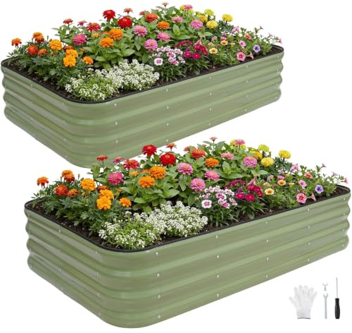 INNO STAGE Verstellbares Hochbeet, 150 x 90 x 30 cm, Pflanzkästen aus Metall für den Außenbereich zum Anbau von Gemüse, Kräutern und Blumen, Hochbeet-Bausatz aus Stahl – Olivgrün, 2er-Pack
