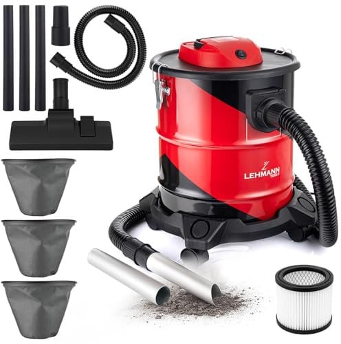LEHMANN Haddo Aspirateur Industriel 2000W - Aspirateur à Cendres pour Cheminée avec Double Filtre - Réservoir en Acier Inoxydable de 20 L - Filtre HEPA - Fonction Soufflerie - Rouge et Noir