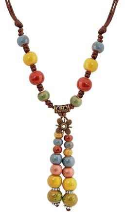 Hanary Bunte Vintage-Halskette mit Keramikperlen in Blumen-Y-Form, Boho-Schmuck, Hippie-Schmuck, Geschenk für Frauen