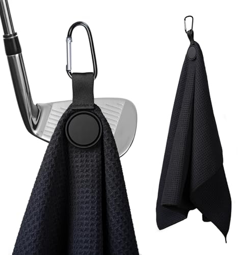 Veyntra Magnetic Golf Towel, Waffle Microfiber Golf Towel with Carabiner Clip, Magnet for Easy Club Pick-Up, Quick Dry Golf Ball Cleaning Towel for Bag, Cart, Club or Belt (Black)
