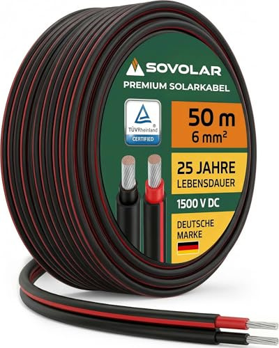 Sovolar Premium Solarkabel 6mm2 Schwarz 50m Rolle PV Kabel 6mm2 Duplex 2-adrig als Anschlusskabel für Solarpanel Wechselrichter TÜV-zertifiziert UV-beständig flexibel mit 0% MwSt für Privatkunden