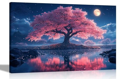 Artley Prints - Cherry Tree Moon Light Lake Landscape Canvas Prints for Living Room Décor Wall Art Pictures Great Home Gift Extra Large 101 x 76cm (40 x 30 inches)