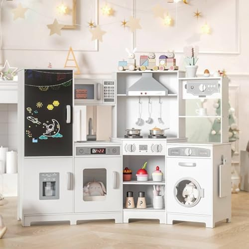 MAMIZO Wooden Corner Play Kitchen, Extra-Large Interactive Kids Kitchen Playset w/Lights & Sounds, Blackboard, Washing Machine, Ice Maker & 7 Accessories, Ultimate Pretend Toy Kitchens for Toddler