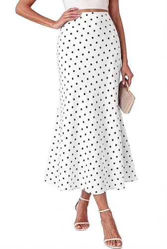 BTFBM Midi Skirts for Women 2026 Summer Spring Lightweight A Line High Waisted Wedding Guest Party Silk Long Skirt(Dot White Black, Medium)