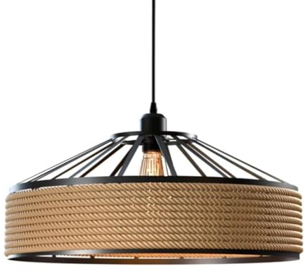 Metal & Rope Light Shade, 40cm Retro Black Light Shade with Jute Rope Lamp