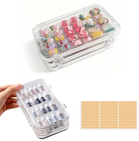 Fatiya Tri-Fold Press on Nail Organizer Case with 30 Adhesive Double Sided Tapes, 4-Page Portable Press on Nail Packaging Box, Clear Plastic Storage Box for Fake French Tips Home Salon Use
