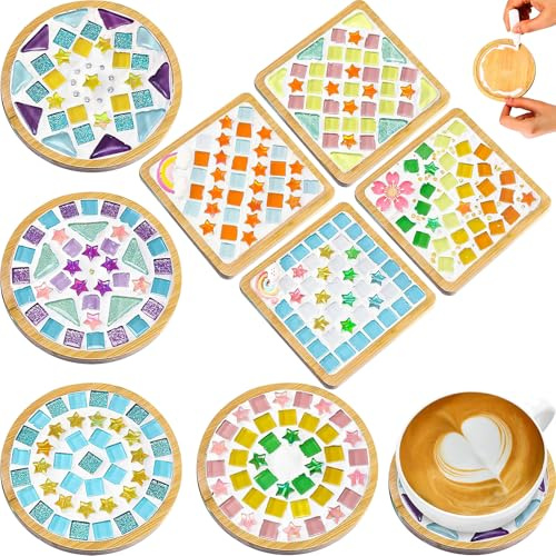 Lot de 8 Kits Mosaïque DIY, Dessous de Verre en Bambou et Carreaux de Verre | Supports en Bambou, Carreaux de Verre, Joint et Accessoires pour Loisirs Créatifs, Cadeaux et Décoration de Table