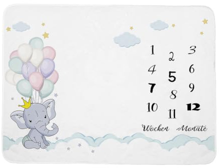 Adeiva Store Baby Meilenstein Decke Elefant auf Deutsch 140cm x 100cm Foto Monats Decke für Junge oder Mädchen,Geburt für Mütter von Neugeborenen Babys Unisex.Nicht zum Schlafen verwenden.