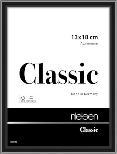 nielsen Aluminium Bilderrahmen Classic, 13 x 18 cm, Schwarz | Aluminium Fotorahmen im Hoch- & Querformat zum Auftstellen und Aufhängen Schwarz glänzend Echtglas